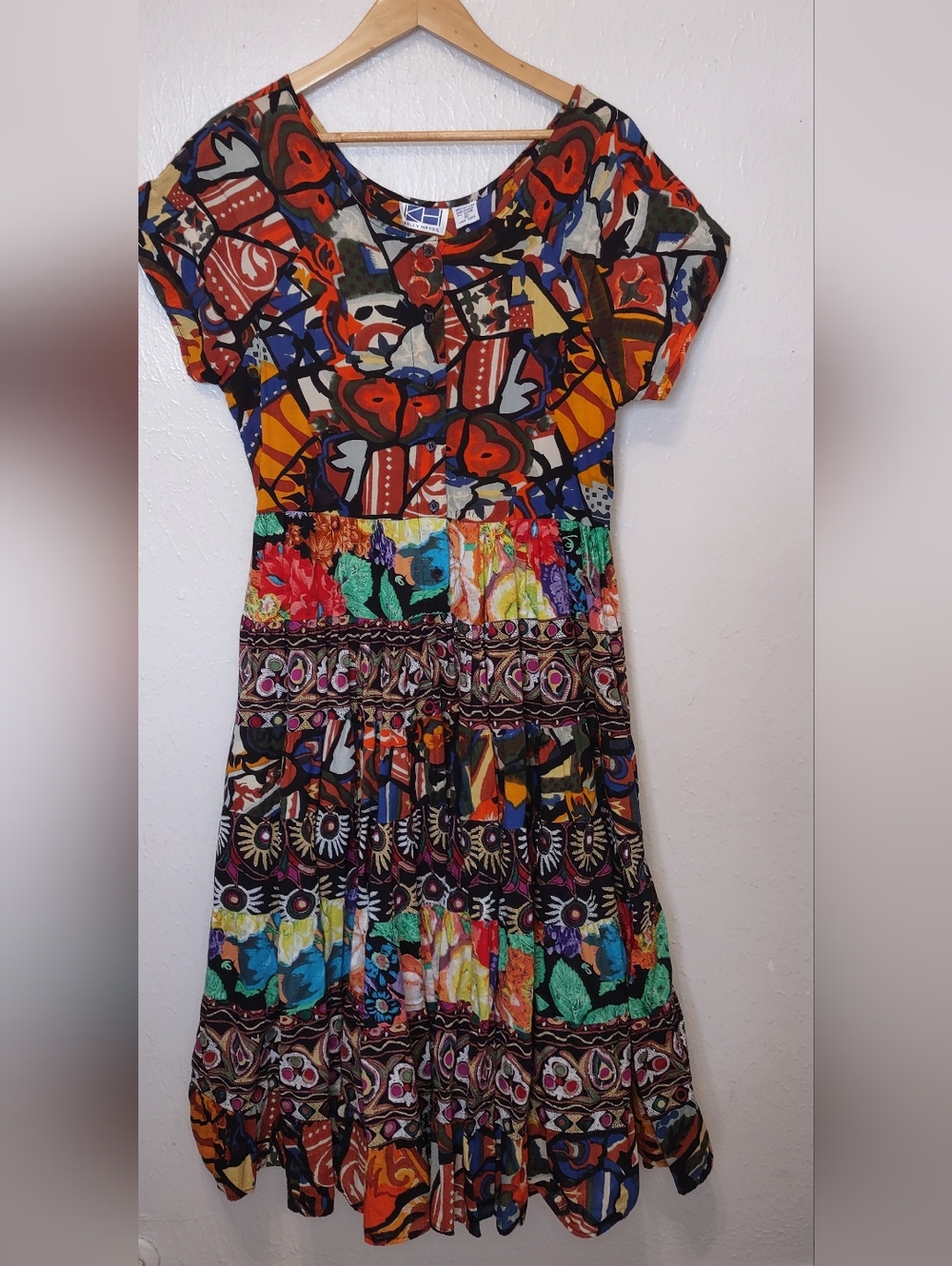 Vintage Funky Bright Colored Dress With Tiered Skirt Women's Size Medium